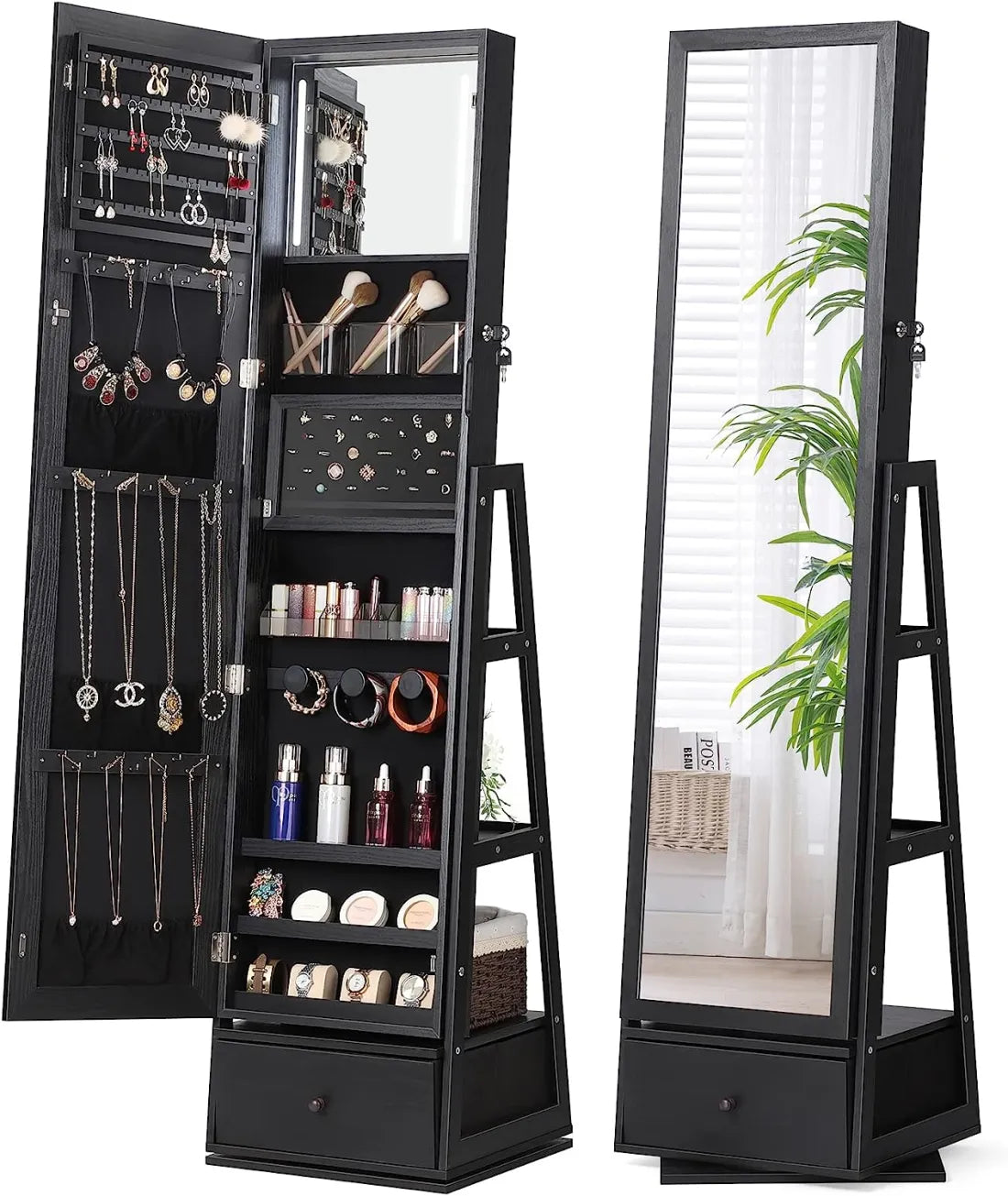 🩸360° Swivel Jewelry Cabinet with Lights, Touch Screen Vanity Mirror, Rotatable Full Length Mirror with Jewelry Storage, Standing Jewelry Armoire Organizer, Foldable Makeup Shelf,