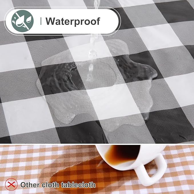 Rectangle Waterproof Vinyl Table Cloth, Buffalo Flannel Backed Tablecloth, Wipeable Plastic Table Cover for Dinner, Kitchen, Outdoor (60" x 84", Black and White)